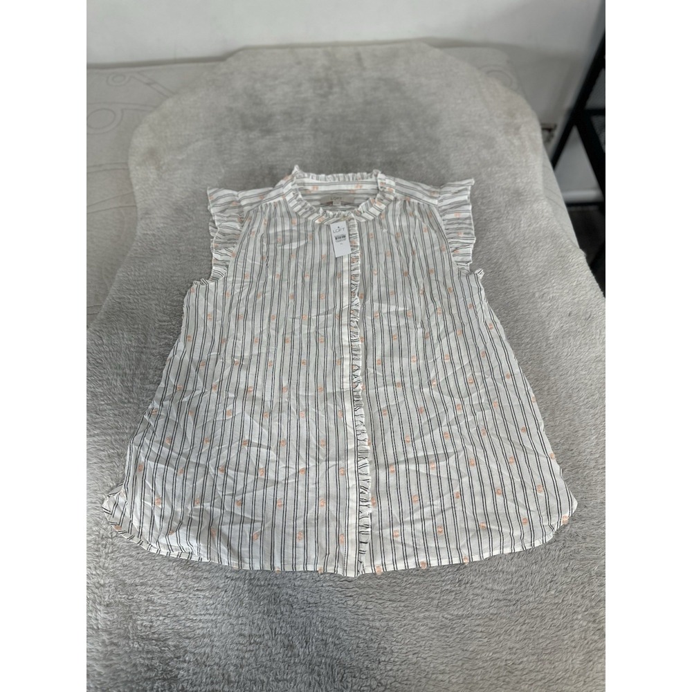 LOFT Womens White Striped Sleeveless Ruffle Button Down Blouse Shirt Size XL